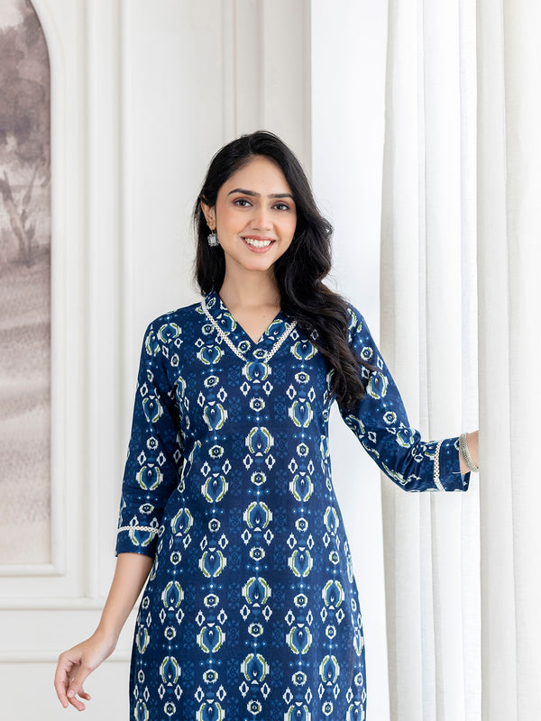 Elegant Ethnic Printed Cotton Straight Kurta with V-Neckline