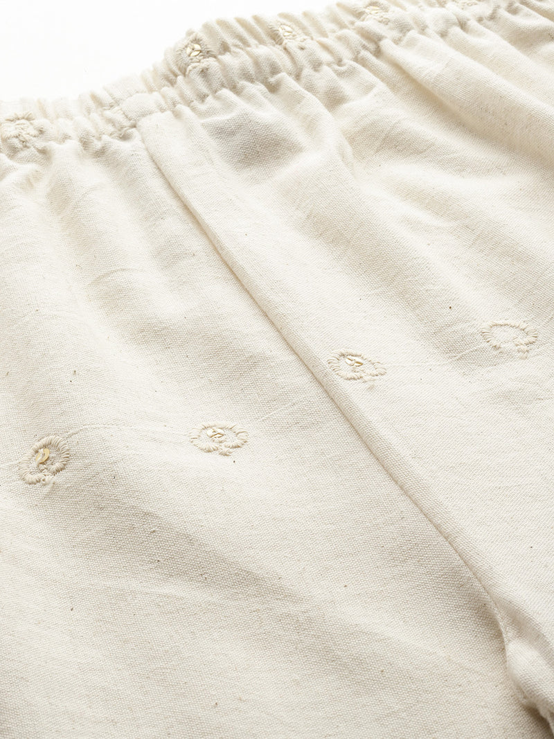 Beige Beige Palazzo|Embroidered, Flax Cotton, Sequin Detail, Ankle-Length, Single Pocket