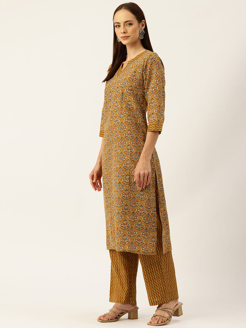 Round V-Cut Neck 3-Piece Kurta Set with Ankle-Length Pants & Full-Length Dupatta (Size S-XXL).