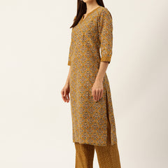 Round V-Cut Neck 3-Piece Kurta Set with Ankle-Length Pants & Full-Length Dupatta (Size S-XXL).