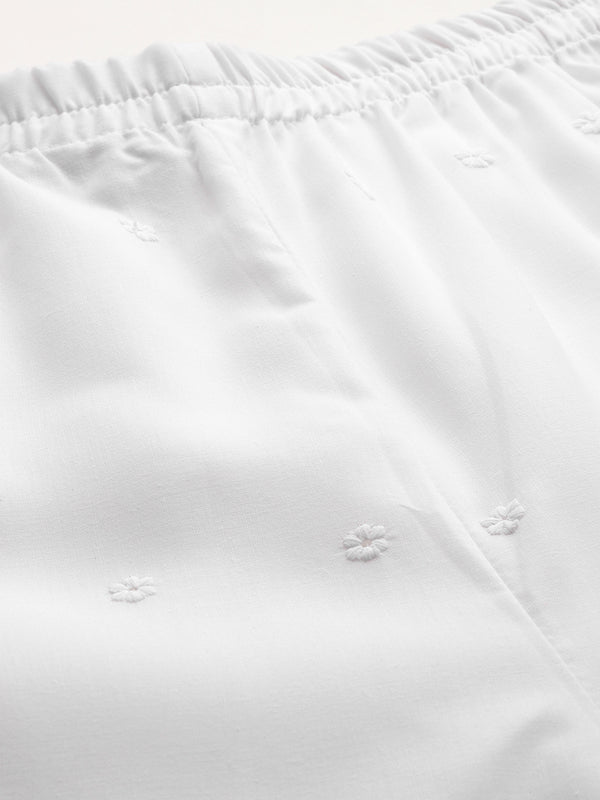 White Embroidered Palazzos–Fully Lined, Elastic Waist & Ankle-Length with Side Pocket