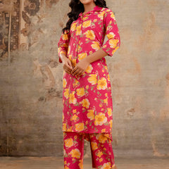 Red Women’s Co-Ord Set–Printed Collared Kurta with 3/4 Sleeves & Elastic Waist Pants