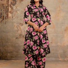 Black Women’s Co-Ord Set–Printed Collared Kurta with 3/4 Sleeves & Elastic Waist Pants