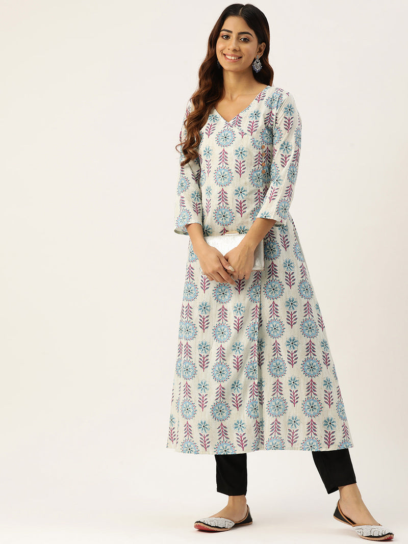 Floral Print 4 Button Angrakha Long Kurti