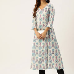 Floral Print 4 Button Angrakha Long Kurti