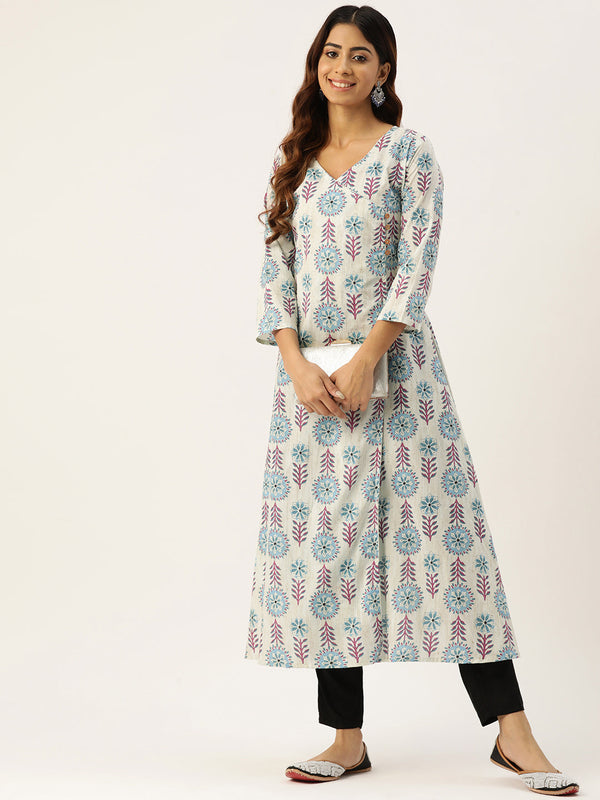 Floral Print 4 Button Angrakha Long Kurti