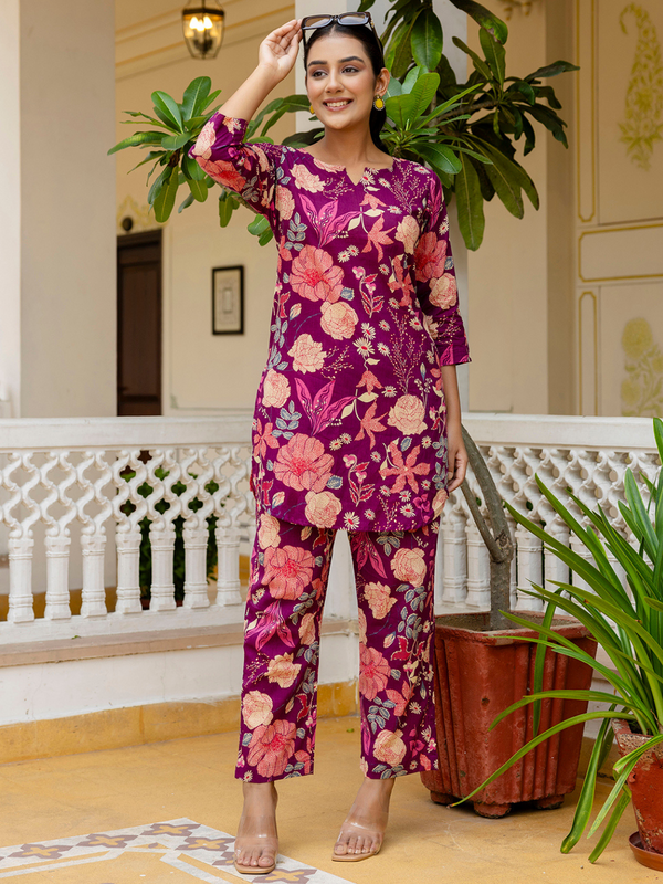 Purple Breezy Printed Cotton Co-Ord Set for Comfortable All-Day Wear
