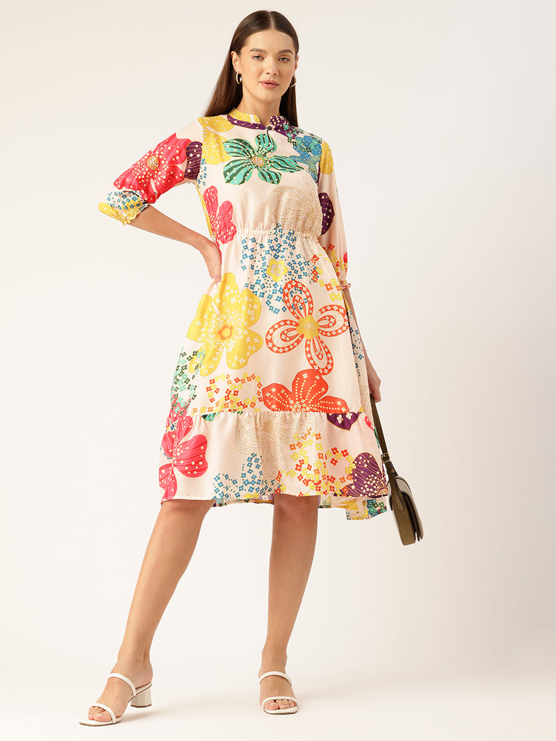 Women’s Multi-Color Muslin Floral Dress with Mandarin Collar & 3/4 Smocked Sleeves