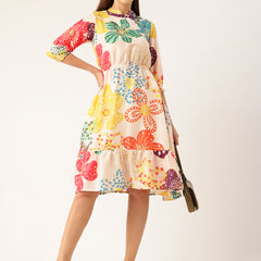 Women’s Multi-Color Muslin Floral Dress with Mandarin Collar & 3/4 Smocked Sleeves