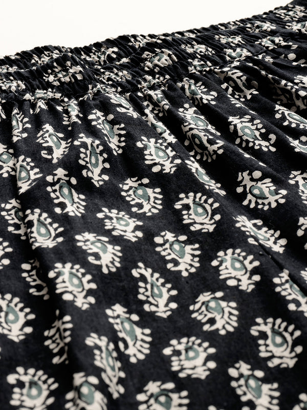 Black Women Pure Cotton Paisley Printed Palazzo Pants | Elastic Waist | Wide Leg