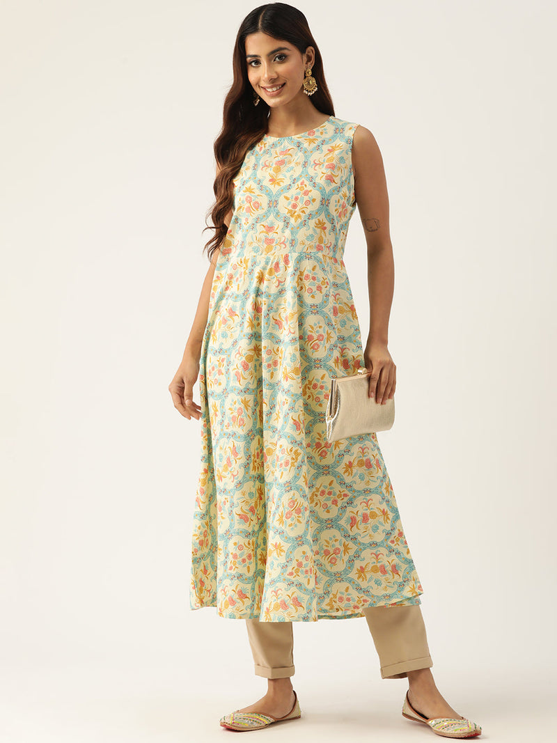 Cotton Printed Sleeveless A-Line Flared Kurti