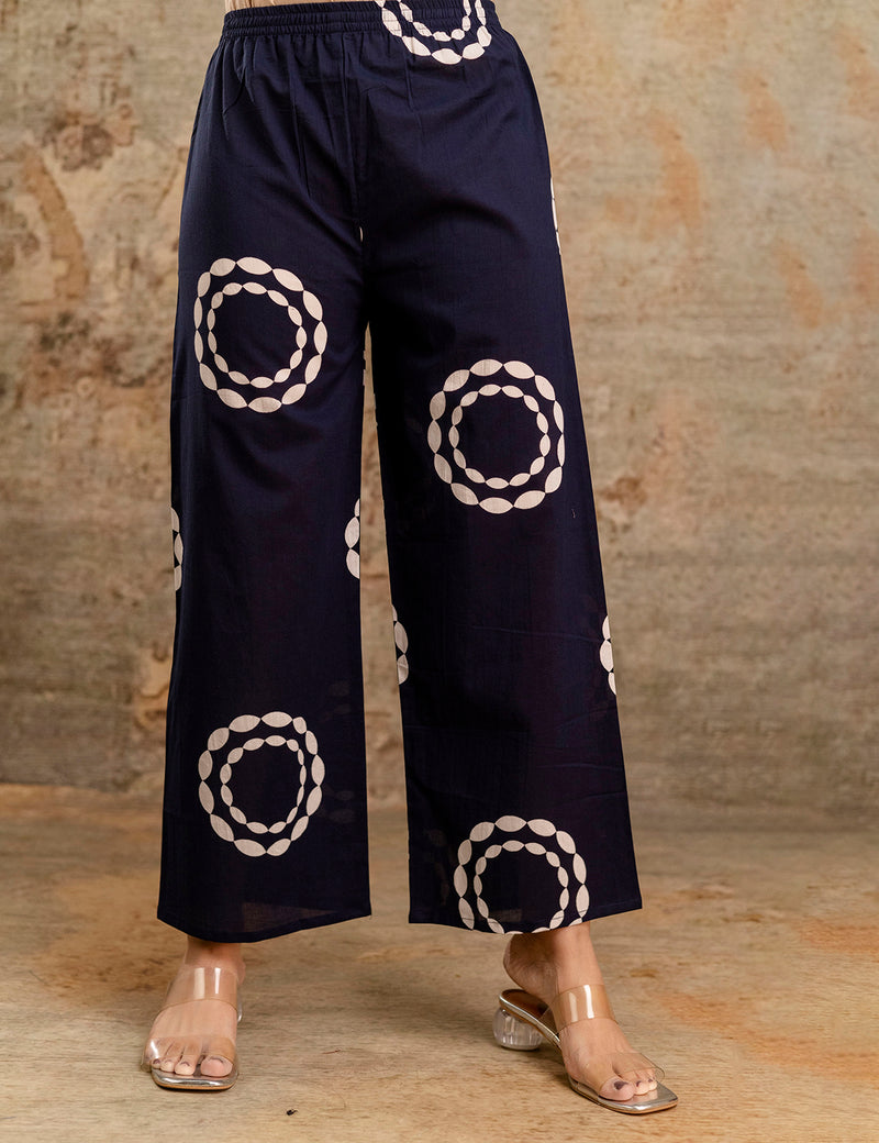 Blue Women’s Co-Ord Set–Printed Collared Kurta with 3/4 Sleeves & Elastic Waist Pants
