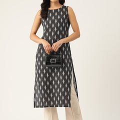 Cotton Boat Neck Sleeveless Straight Kurti
