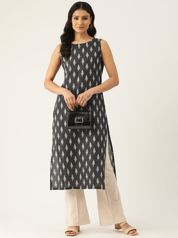 Cotton Boat Neck Sleeveless Straight Kurti