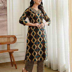 Bordered V-Neck 3-Piece Kurta Set with Ankle-Length Pants & Full-Length Dupatta (M–XXL)