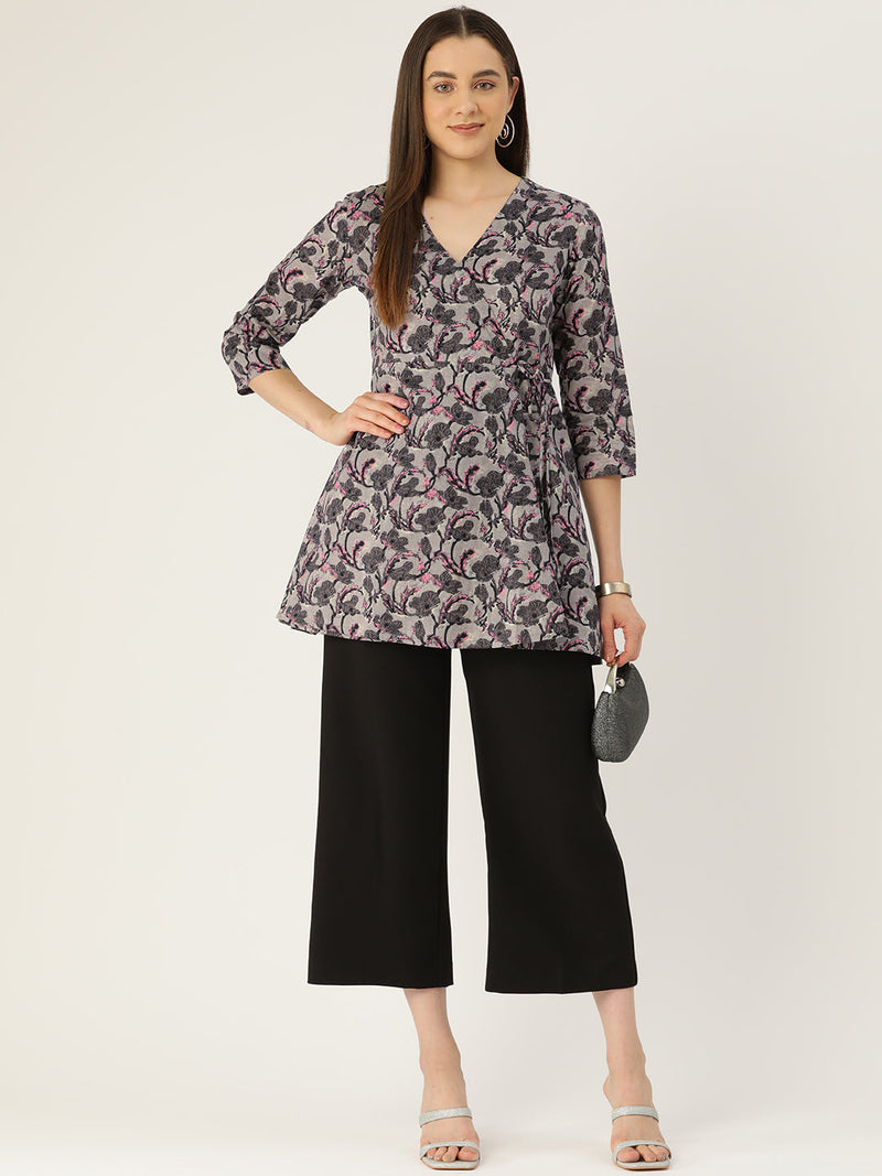 Floral Print Angrakha 3\4 Sleeves Flared Kurti