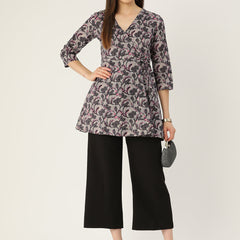Floral Print Angrakha 3\4 Sleeves Flared Kurti