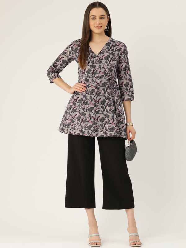 Floral Print Angrakha 3\4 Sleeves Flared Kurti