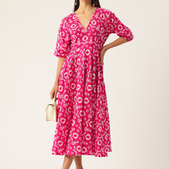 Women's Pure Cotton Floral Printed A-Line Gown with 3/4 Puff Sleeves & V-Neck