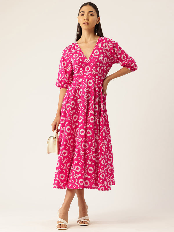 Women's Pure Cotton Floral Printed A-Line Gown with 3/4 Puff Sleeves & V-Neck
