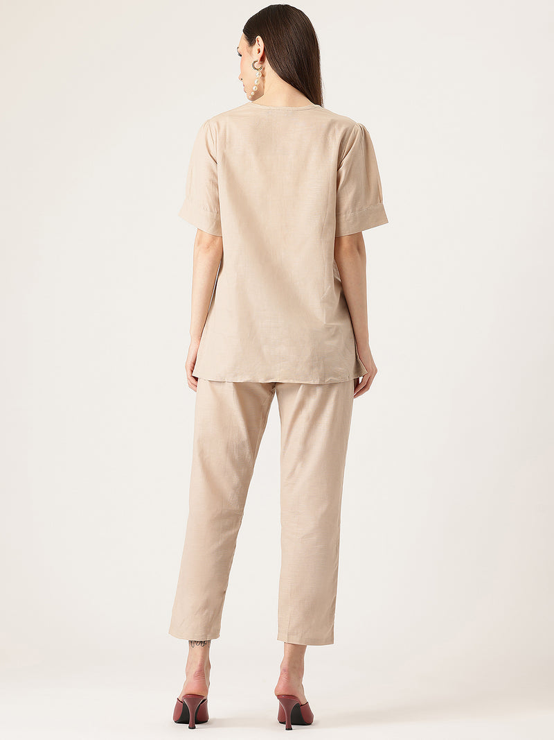 Beige Women's Embroidered Co-ord Set - Viscose Fabric Full Sleeve Shirt and Pant