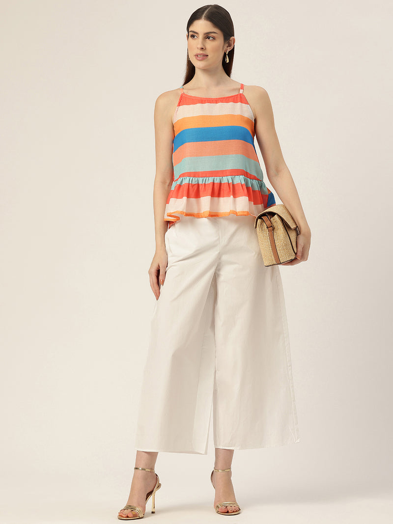 Cropped Sleeveless strap Peplum top with digital print on linen fabric.| Size- Small| Colour - Mustard, Royal, Peach, Aqua