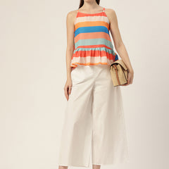 Cropped Sleeveless strap Peplum top with digital print on linen fabric.| Size- Small| Colour - Mustard, Royal, Peach, Aqua