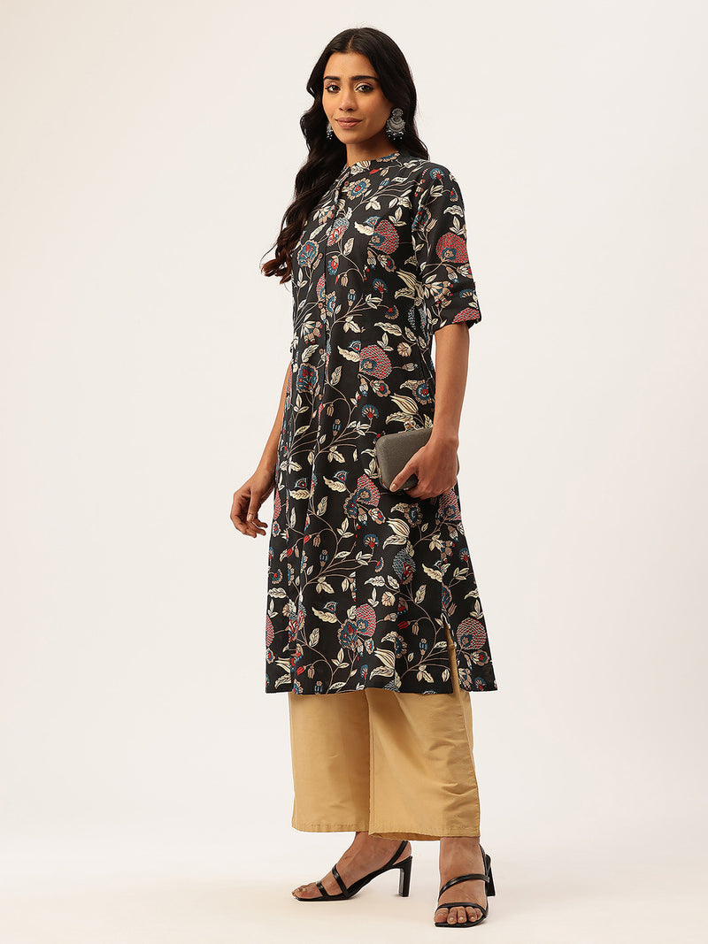 Elegant A-Line Long Kurta for Women - Mandarin Collar with Button Detailing