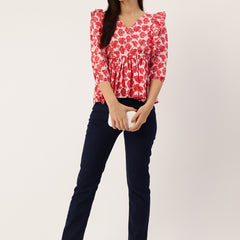 Cotton Linen Puff Sleeve Kurti for Women - Short Fit & Flare KURTI with Button Front