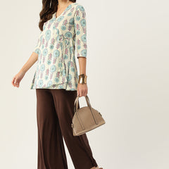 Floral Print Angrakha 3\4 Sleeves Flared Kurti