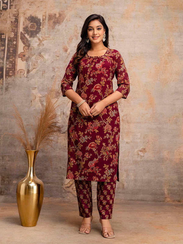 Pure Cotton Marron Printed 3-Piece Kurta Set with Square Neckline & Dupatta