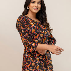 Chic Printed Short Kurti with Round Neck & 3/4 Sleeves