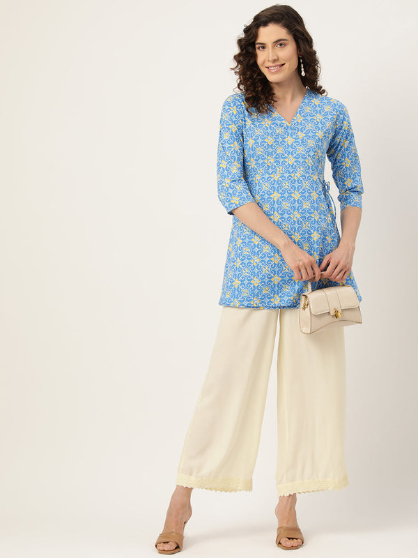 Floral Print Angrakha 3\4 Sleeves Flared Kurti