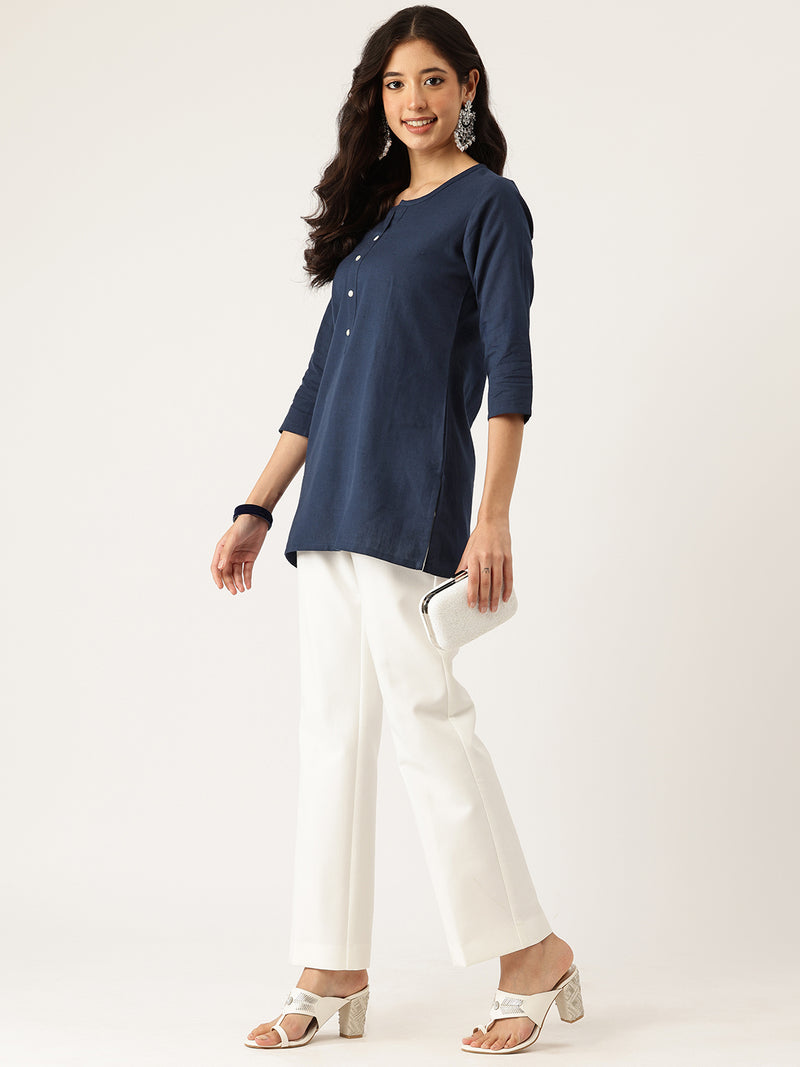 Elegant Short Kurti for Women –Button Detailing & 3/4 Sleeves | Round Neck |