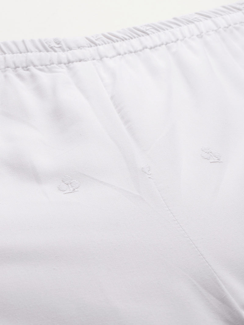 White Embroidered Palazzos–Fully Lined, Elastic Waist & Ankle-Length with Side Pocket