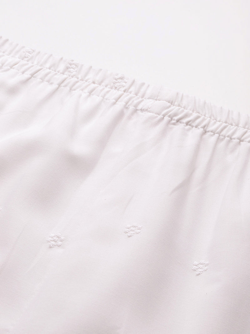 White Embroidered Palazzos–Fully Lined, Elastic Waist & Ankle-Length with Side Pocket