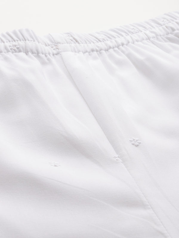 White Embroidered Palazzos–Fully Lined, Elastic Waist & Ankle-Length with Side Pocket