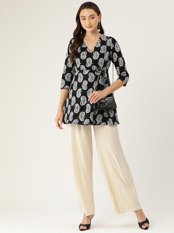 Floral Print Angrakha 3\4 Sleeves Flared Kurti