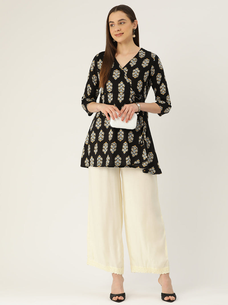 Floral Print Angrakha 3\4 Sleeves Flared Kurti