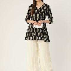 Floral Print Angrakha 3\4 Sleeves Flared Kurti