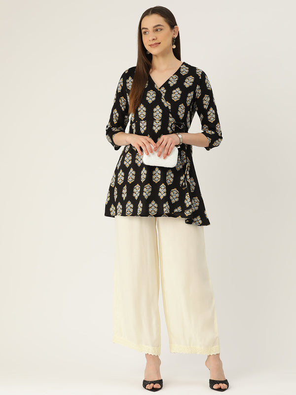 Floral Print Angrakha 3\4 Sleeves Flared Kurti