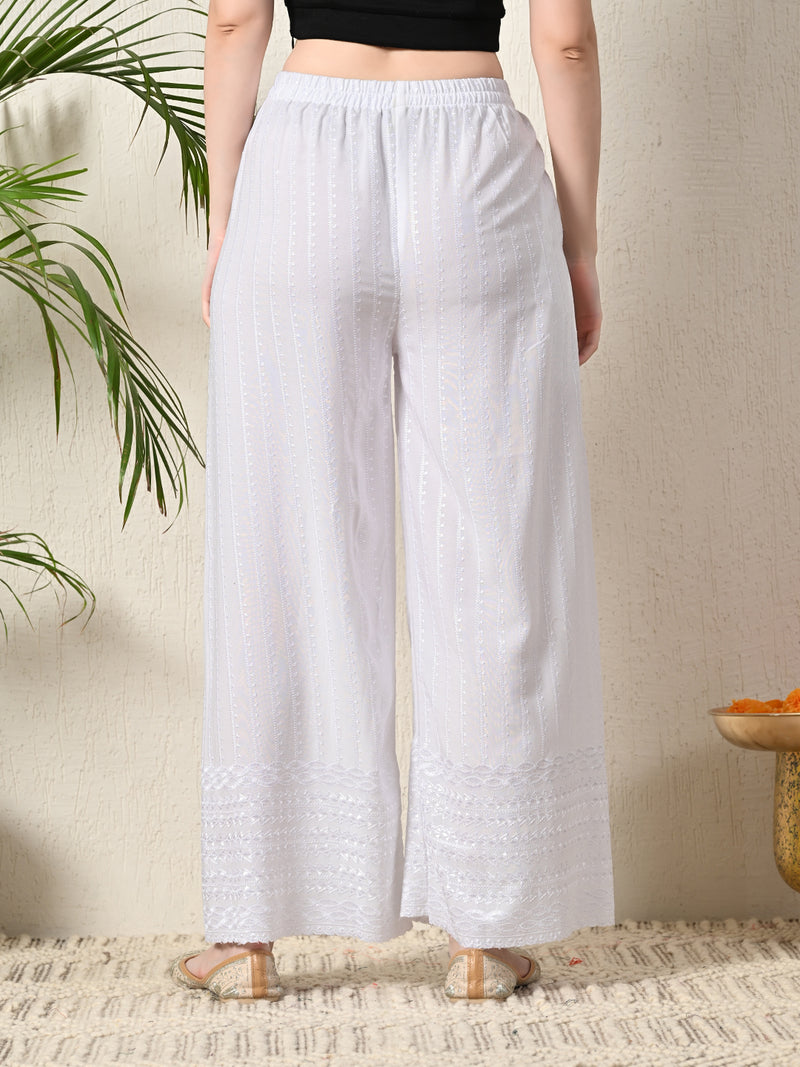 White White Embroidered Cotton Palazzos–Elastic Waist & Ankle-Length with Side Pocket