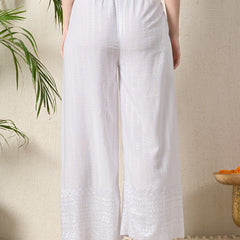 White White Embroidered Cotton Palazzos–Elastic Waist & Ankle-Length with Side Pocket