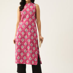 Women’s Pure Cotton Angrakha Kurti with Floral Print | 3/4 Sleeves | Adjustable Side Tie | Sizes S–XXL