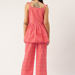 Red Sleeveless Strappy Cotton Co-Ord Set with Bow Detail & Flared Pants
