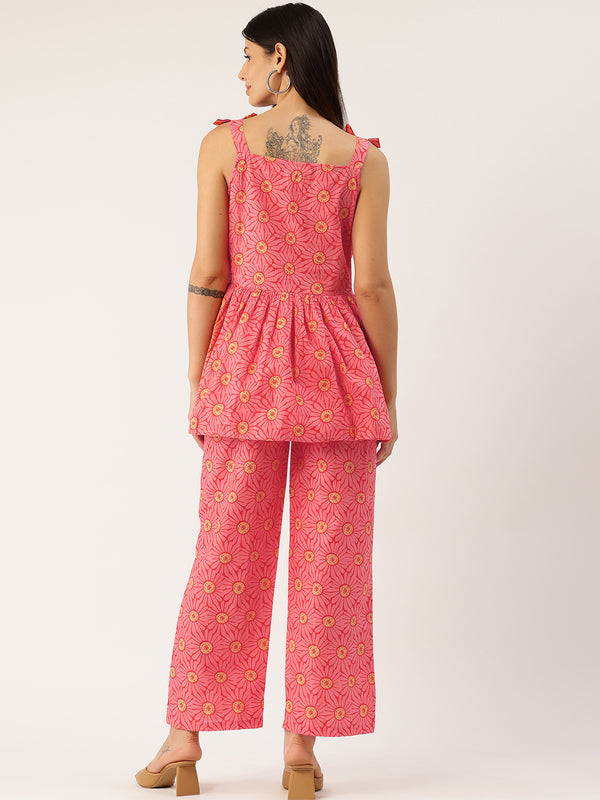 Red Sleeveless Strappy Cotton Co-Ord Set with Bow Detail & Flared Pants