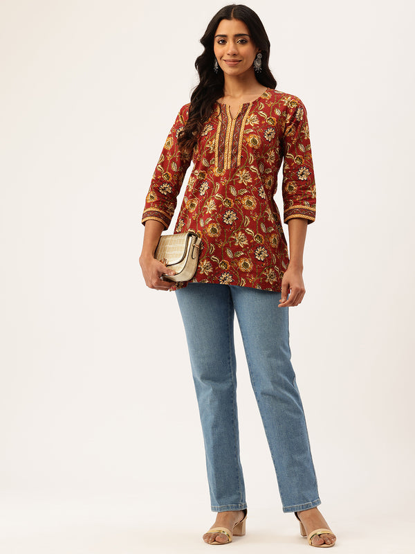Empress Short Kurti for Women - V-Cut Neckline with Border Detail & 3/4 Sleeves