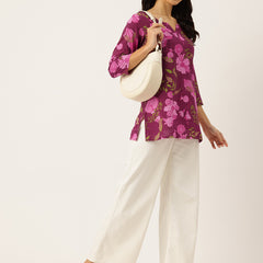 3/4 Sleeve Round Neck Vcut top Magenta Colour