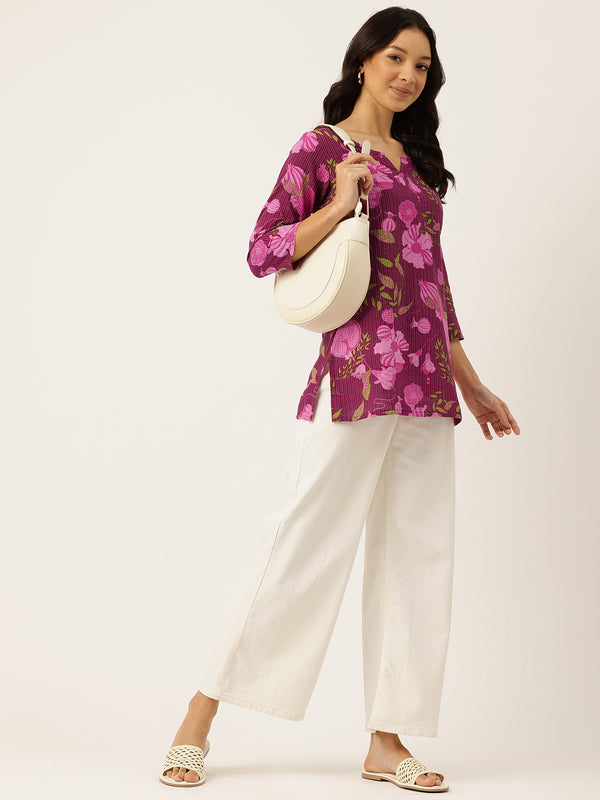 3/4 Sleeve Round Neck Vcut top Magenta Colour