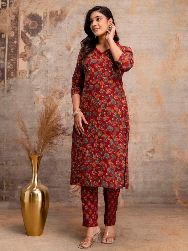 Pure Cotton Red Floral Printed 3-Piece Kurta Set with Dupatta